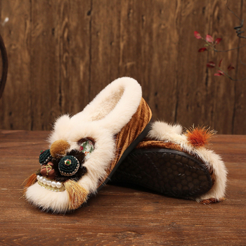 Pantofi de pânză pentru femei, cu cap de tigru, lucrate manual, stil Hanfu, pentru iarnă, partea superioară din velur