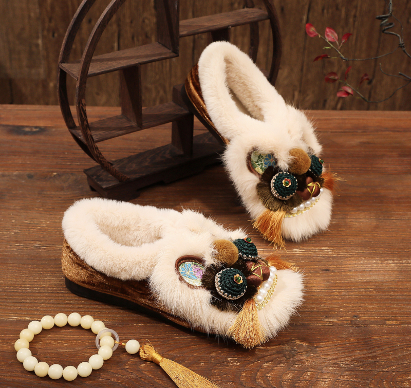 Pantofi de pânză pentru femei, cu cap de tigru, lucrate manual, stil Hanfu, pentru iarnă, partea superioară din velur