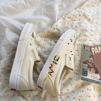 Pantofi slip-on din canvas, în stil coreean, cu model brodat de personaje din desene animate, ușori, talpă din cauciuc, căptușeală din plasă