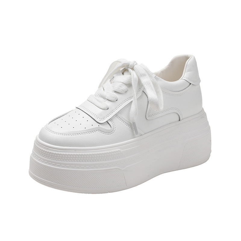 Pantofi sport cu platformă pentru femei, talpă înaltă de 10 cm, suprafața din piele de vițel, înălțime medie, șireturi, vârf rotund