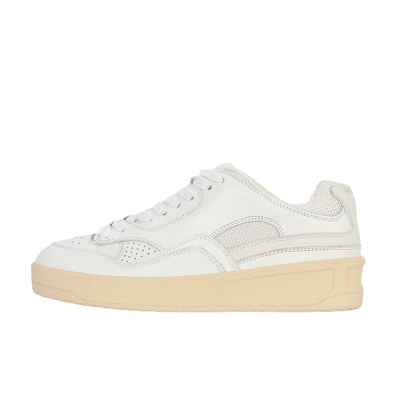 Pantofi sport albi pentru femei, vârf rotund, din piele de vacă, talpă din cauciuc, branț din piele naturală