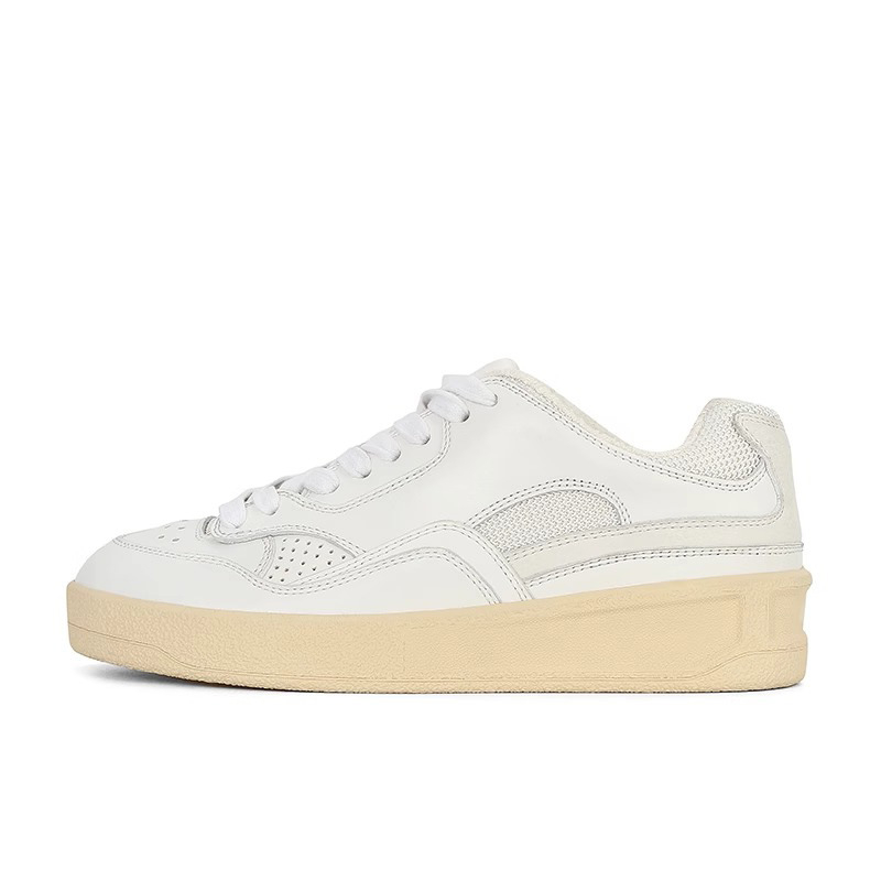 Pantofi sport albi pentru femei, vârf rotund, din piele de vacă, talpă din cauciuc, branț din piele naturală