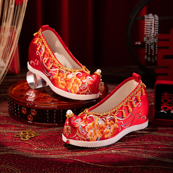 Pantofi de nuntă în stil național, broderie Phoenix, toc înalt 6-8 cm, partea superioară din bumbac, talpă textilă, închidere cu șireturi (Stil național; Broderie Phoenix; Toc înalt 6-8 cm; Partea superioară din bumbac; Talpă textilă)