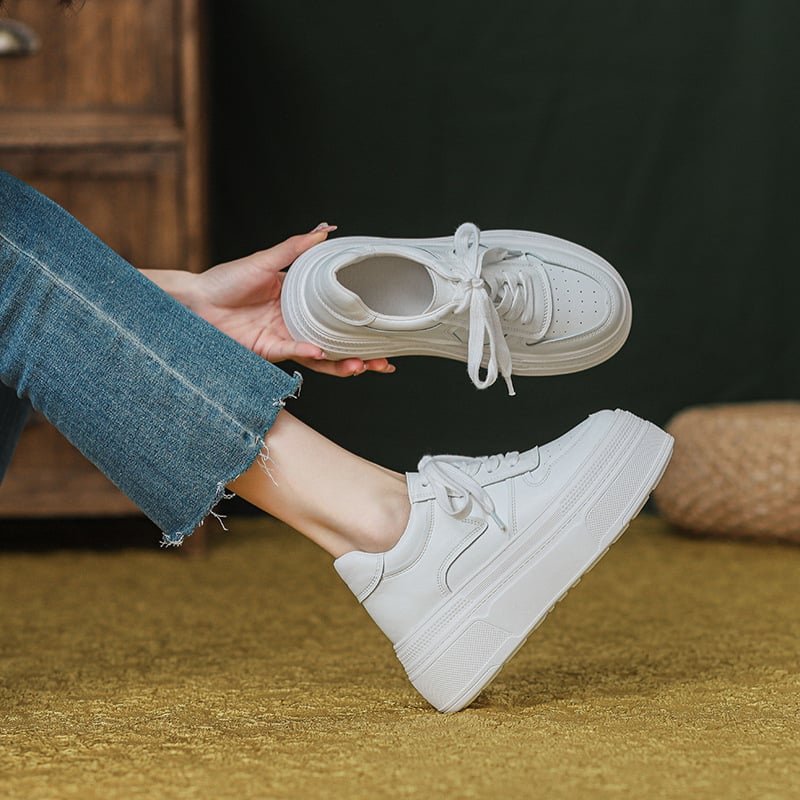 Pantofi sport cu platformă, creștere înălțime 10 cm | Exterior din piele de vită, vârf rotund, șireturi, talpă EVA