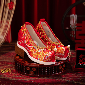 Pantofi de nuntă pentru femei, stil chinezesc, cu broderie de fenix, toc 6–8 cm, vârf ascuțit, partea superioară din bumbac, talpă din cauciuc, închidere șireturi