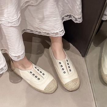 Pantofi albi slip-on, stil coreean, partea superioară PU, vârf rotund, toc mic