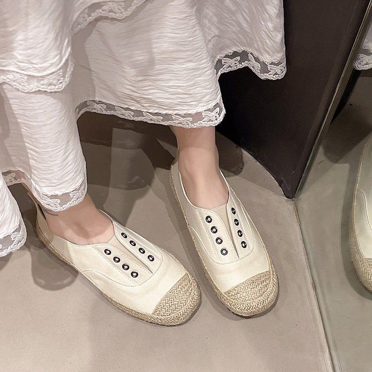 Pantofi albi slip-on, stil coreean, partea superioară PU, vârf rotund, toc mic