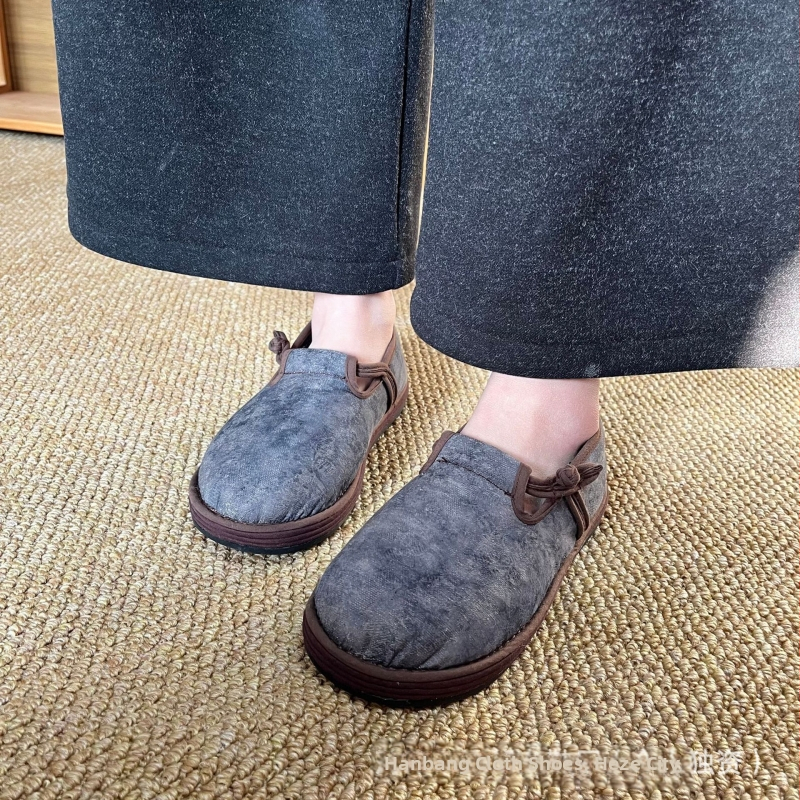 Зимни женски традиционни платнени обувки с ретро китайски стил, дишащи и леки, горна част от плат, многослойна подметка, кръгъл нос