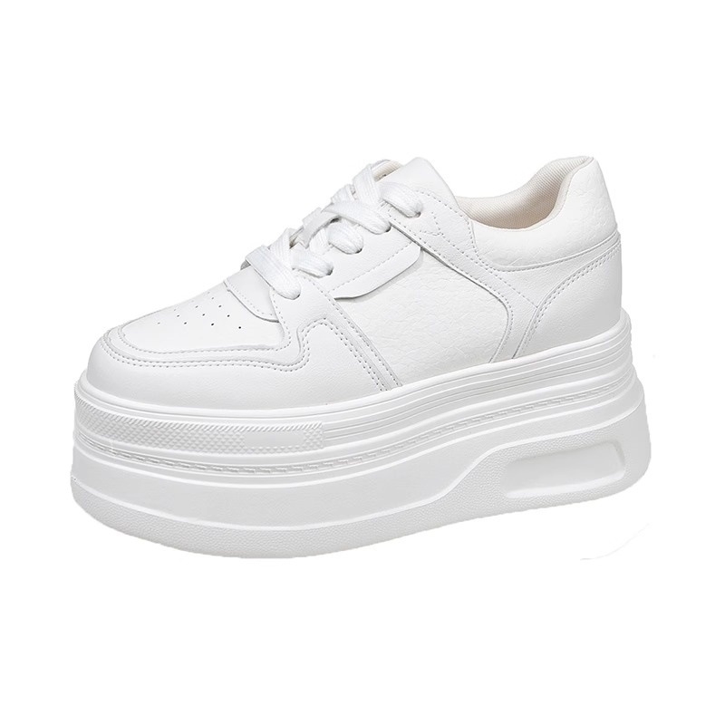 Adidași sport albi pentru femei, talpă groasă cu creștere ascunsă, suprafață din piele microfibră, șireturi, căptușeală din plasă, talpă din cauciuc