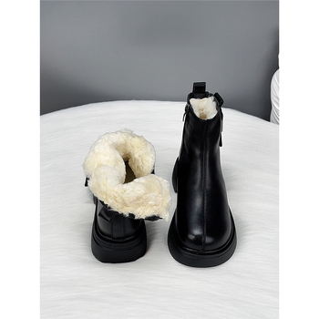 Cizme de zăpadă pentru femei din piele naturală cu căptușeală din lână, toc plat, talpă din cauciuc, fermoar lateral (piele naturală; căptușeală din lână; toc plat; talpă din cauciuc; fermoar lateral)
