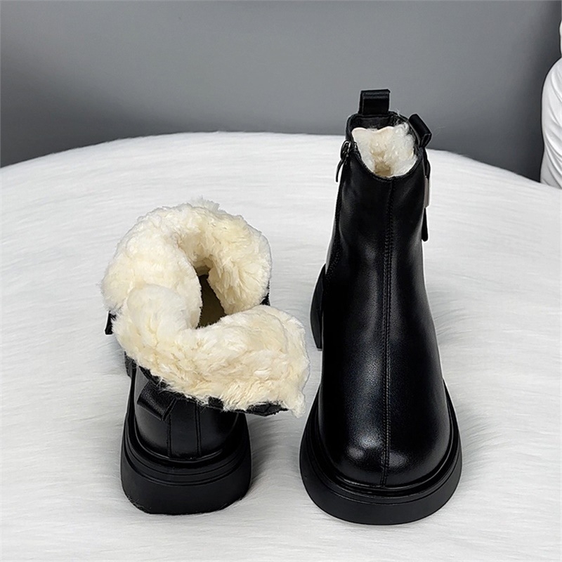 Cizme de zăpadă pentru femei din piele naturală cu căptușeală din lână, toc plat, talpă din cauciuc, fermoar lateral (piele naturală; căptușeală din lână; toc plat; talpă din cauciuc; fermoar lateral)