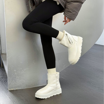 Cizme de zăpadă pentru femei, căptușite cu blană sintetică, fermoar lateral, înălțime peste gleznă, partea superioară din piele naturală, talpă din spumă, înălțime 3–5 cm