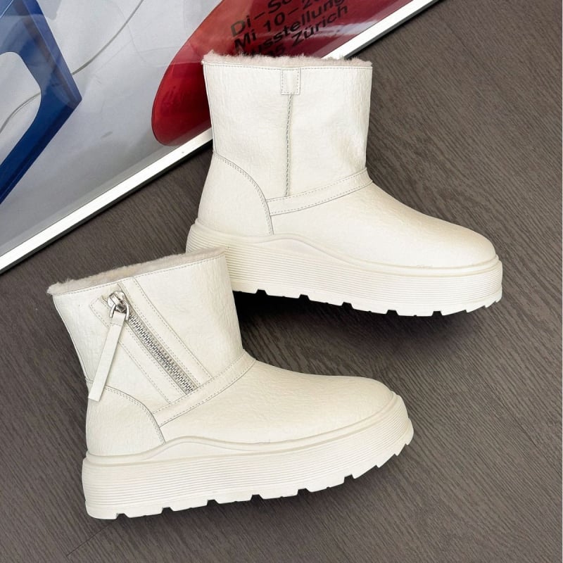 Cizme de zăpadă pentru femei, căptușite cu blană sintetică, fermoar lateral, înălțime peste gleznă, partea superioară din piele naturală, talpă din spumă, înălțime 3–5 cm