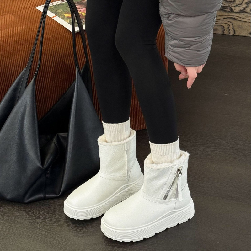 Cizme de zăpadă pentru femei, căptușite cu blană sintetică, fermoar lateral, înălțime peste gleznă, partea superioară din piele naturală, talpă din spumă, înălțime 3–5 cm