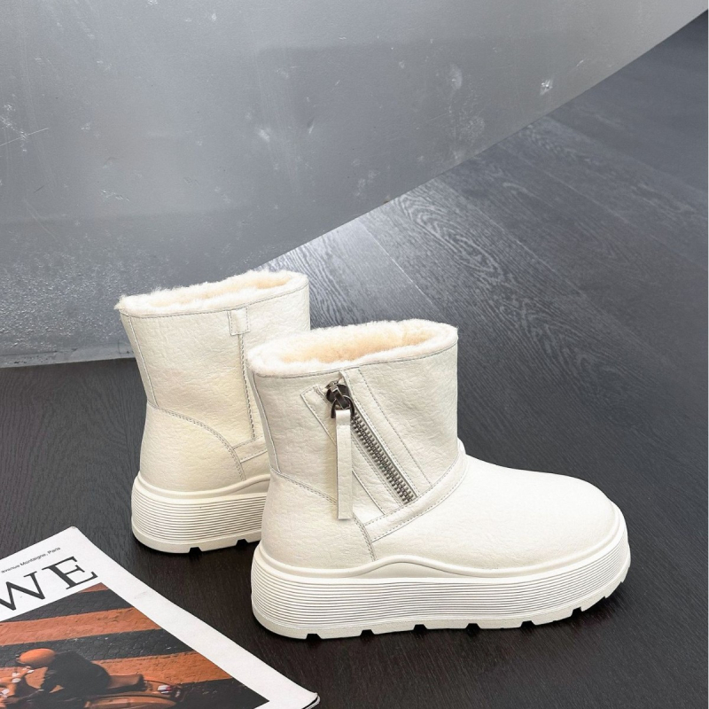 Cizme de zăpadă pentru femei, căptușite cu blană sintetică, fermoar lateral, înălțime peste gleznă, partea superioară din piele naturală, talpă din spumă, înălțime 3–5 cm