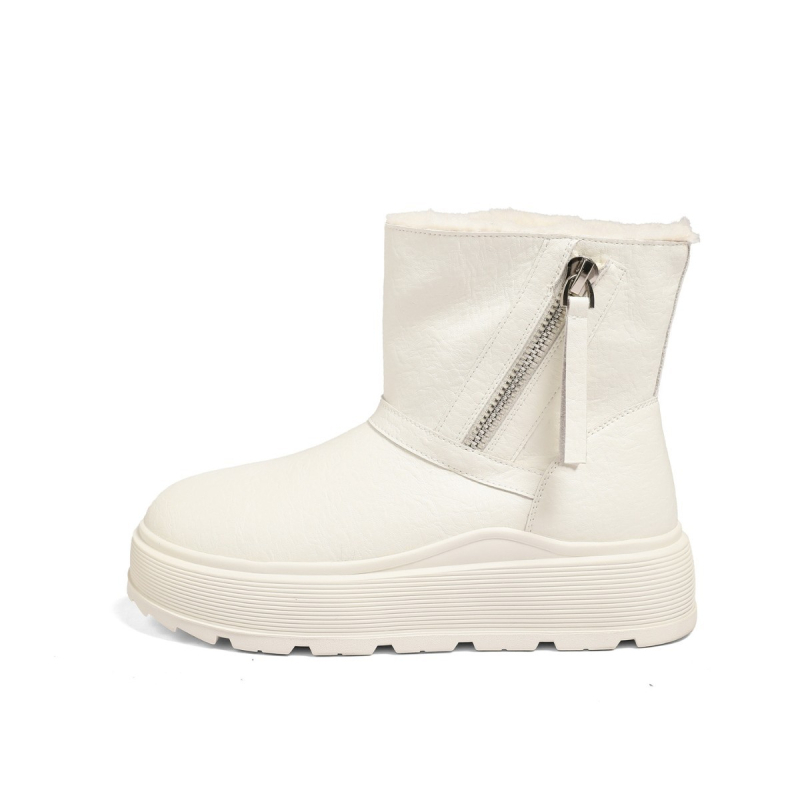 Cizme de zăpadă pentru femei, căptușite cu blană sintetică, fermoar lateral, înălțime peste gleznă, partea superioară din piele naturală, talpă din spumă, înălțime 3–5 cm