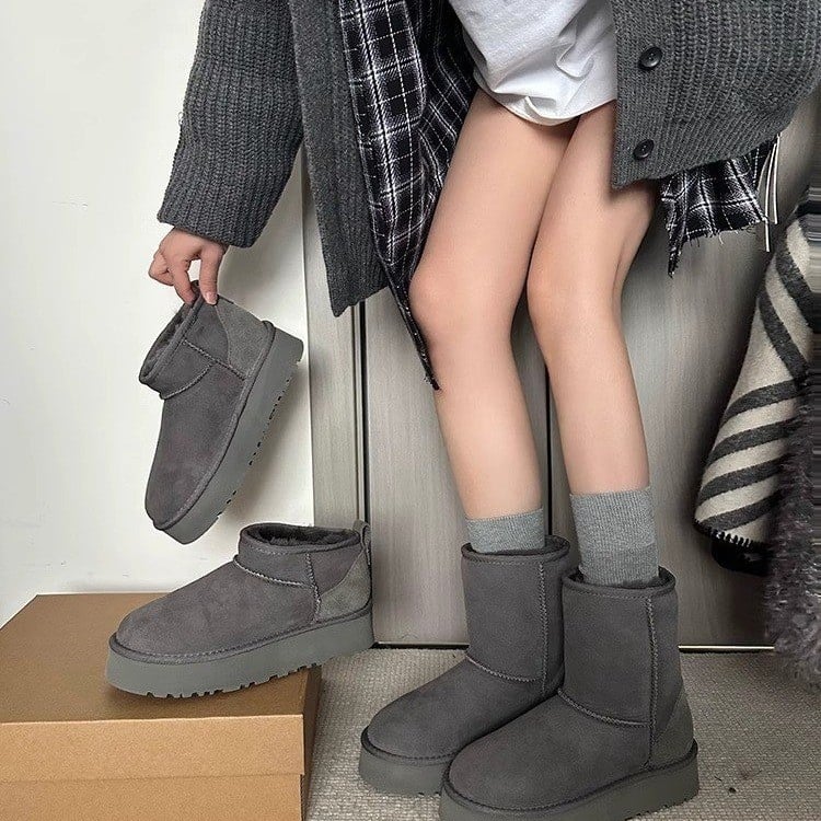 Cizme de zăpadă pentru femei, partea superioară din microfibră, căptușite cu fleece, talpă din cauciuc groasă, înălțime medie a gambelor