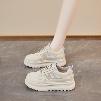 Adidași dama cu talpă groasă pentru creșterea înălțimii, stil casual zilnic, vârf rotund, PU deasupra, talpă din cauciuc, șiret frontal, toc mediu 3–5 cm