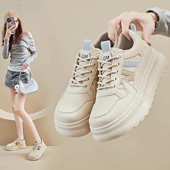 Adidași dama cu talpă groasă pentru creșterea înălțimii, stil casual zilnic, vârf rotund, PU deasupra, talpă din cauciuc, șiret frontal, toc mediu 3–5 cm