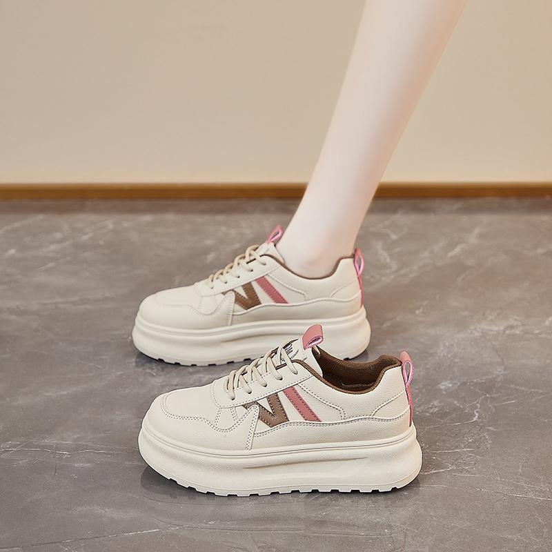 Adidași dama cu talpă groasă pentru creșterea înălțimii, stil casual zilnic, vârf rotund, PU deasupra, talpă din cauciuc, șiret frontal, toc mediu 3–5 cm