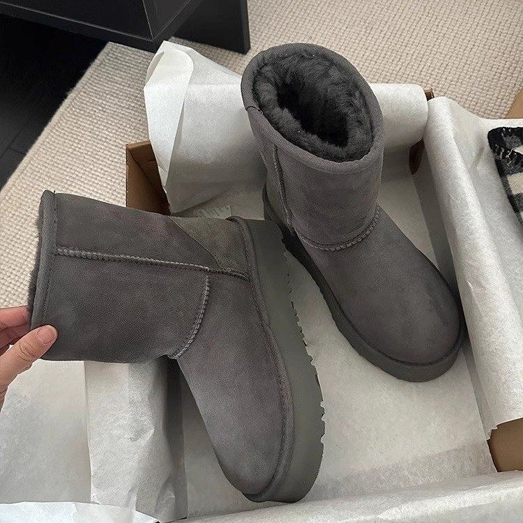 Cizme de zăpadă pentru femei, iarnă: exterior microfibră, căptușeală din bumbac, talpă din cauciuc, gambă scurtă, branț din lână de oaie