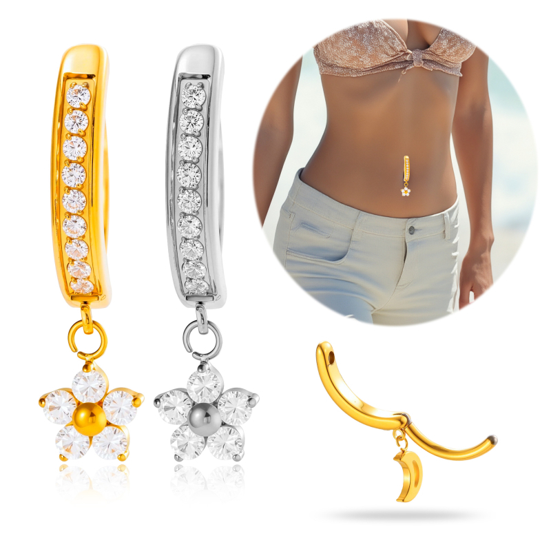 Bijuterii pentru buric – aliaj titan, zircon încrustat, pandantiv în formă de floare, cod T2533-3