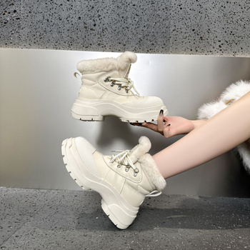 Cizme de zăpadă cu căptușeală din lână, partea superioară din piele split de vițel, talpă TPR, înălțime mid-top, branț din lână