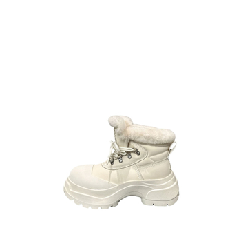 Cizme de zăpadă cu căptușeală din lână, partea superioară din piele split de vițel, talpă TPR, înălțime mid-top, branț din lână