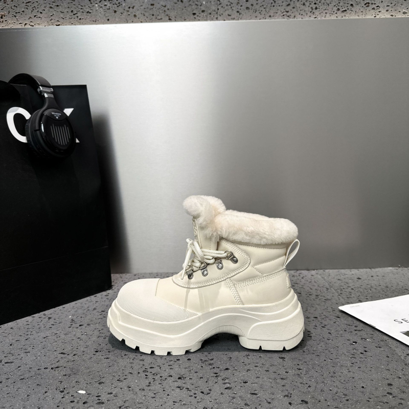 Cizme de zăpadă cu căptușeală din lână, partea superioară din piele split de vițel, talpă TPR, înălțime mid-top, branț din lână