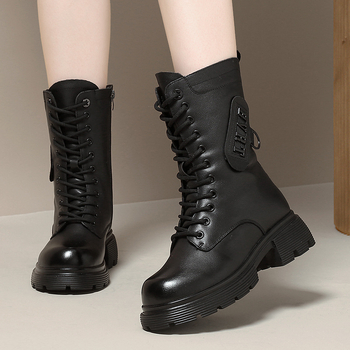 Ghete Martin pentru femei din piele naturală, căptușite cu lână, talpă din cauciuc groasă, fermoar pe lateral