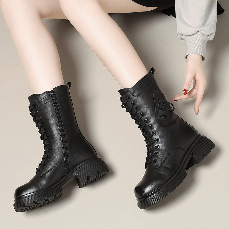 Дамски високи ботинки Мартин от естествена кожа с подплата от вълна, дебела гумена подметка и страничен цип