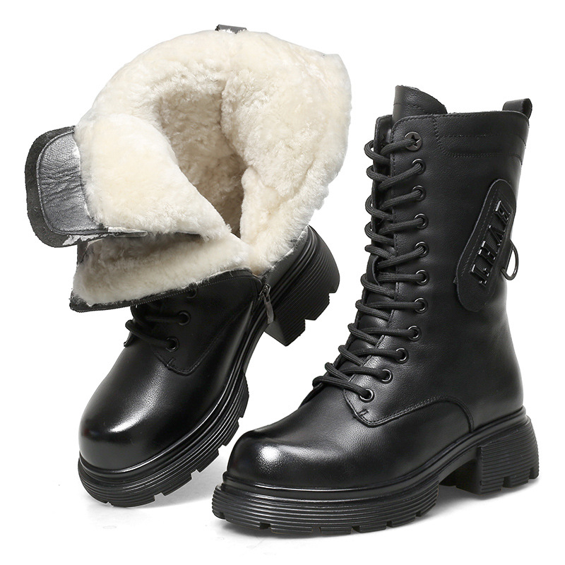 Ghete Martin pentru femei din piele naturală, căptușite cu lână, talpă din cauciuc groasă, fermoar pe lateral