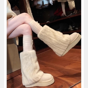 Ghete de zăpadă pentru femei, vârf rotund, din catifea ox, căptușeală din blană, talpă din cauciuc, branț din piele naturală