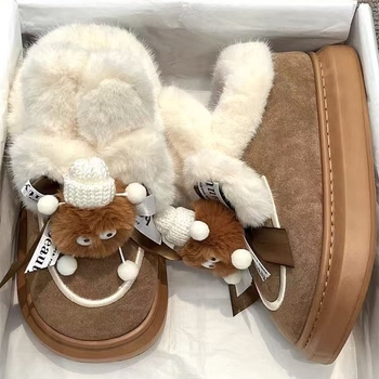 Cizme de zăpadă cu urechi pufoase, căptușite cu fleece, exterior din pluș artificial, talpă din cauciuc, înălțime medie