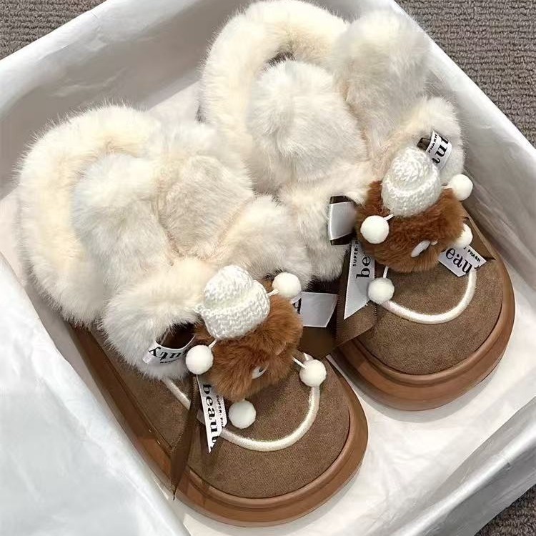 Cizme de zăpadă cu urechi pufoase, căptușite cu fleece, exterior din pluș artificial, talpă din cauciuc, înălțime medie