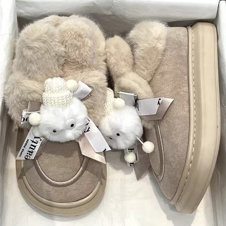 Cizme de zăpadă cu urechi pufoase, căptușite cu fleece, exterior din pluș artificial, talpă din cauciuc, înălțime medie