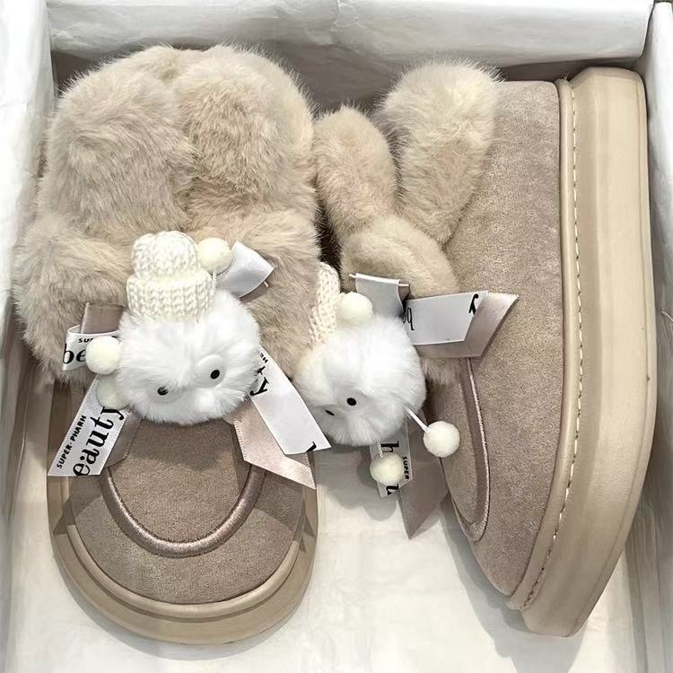 Cizme de zăpadă cu urechi pufoase, căptușite cu fleece, exterior din pluș artificial, talpă din cauciuc, înălțime medie