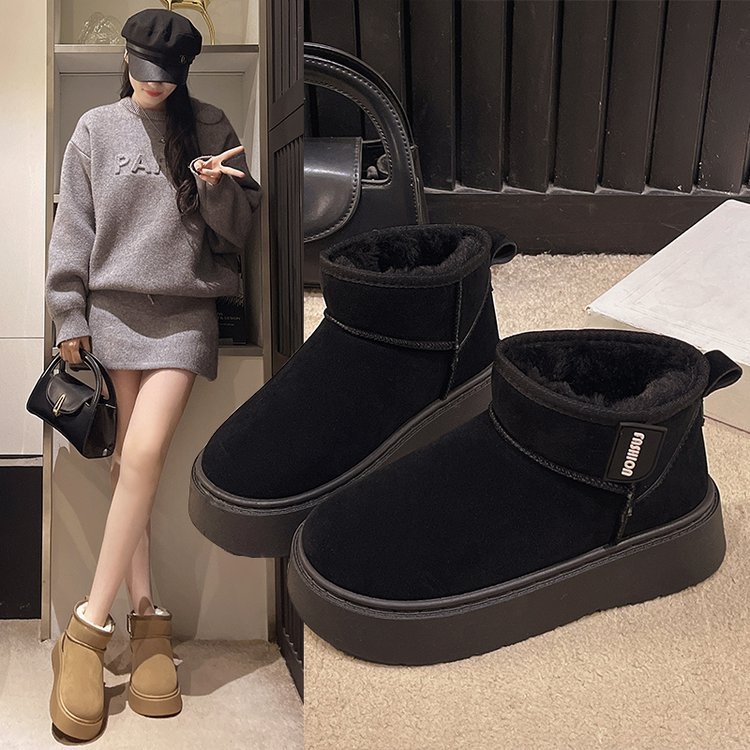 Cizme de iarnă cu talpă groasă, antiderapante, exterior velur și căptușeală din bumbac, gleznă joasă, pentru femei