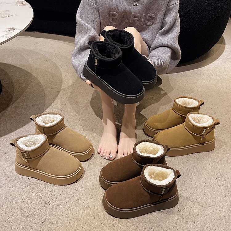 Cizme de iarnă cu talpă groasă, antiderapante, exterior velur și căptușeală din bumbac, gleznă joasă, pentru femei