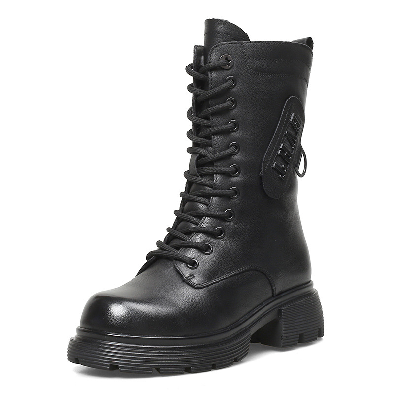 Дамски високи ботуши от естествена кожа с вълнена подплата и гумена подметка