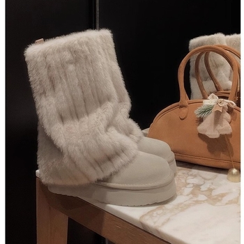 Cizme de zăpadă pentru femei, stil coreean, căptușite cu blană, exterior Ox Velvet, talpă din cauciuc, deschidere adâncă