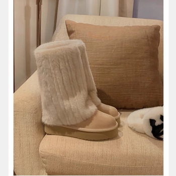 Cizme de zăpadă pentru femei, stil coreean, căptușite cu blană, exterior Ox Velvet, talpă din cauciuc, deschidere adâncă