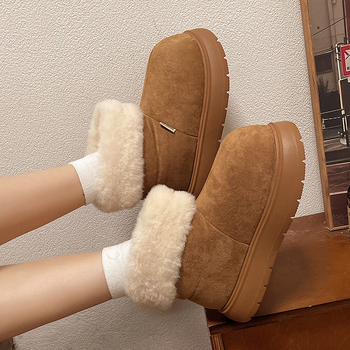 Cizme de zăpadă pentru femei, iarnă 2025 — căptușite cald, gambă scurtă, talpă groasă, suprafață din piele sintetică, vârf rotund