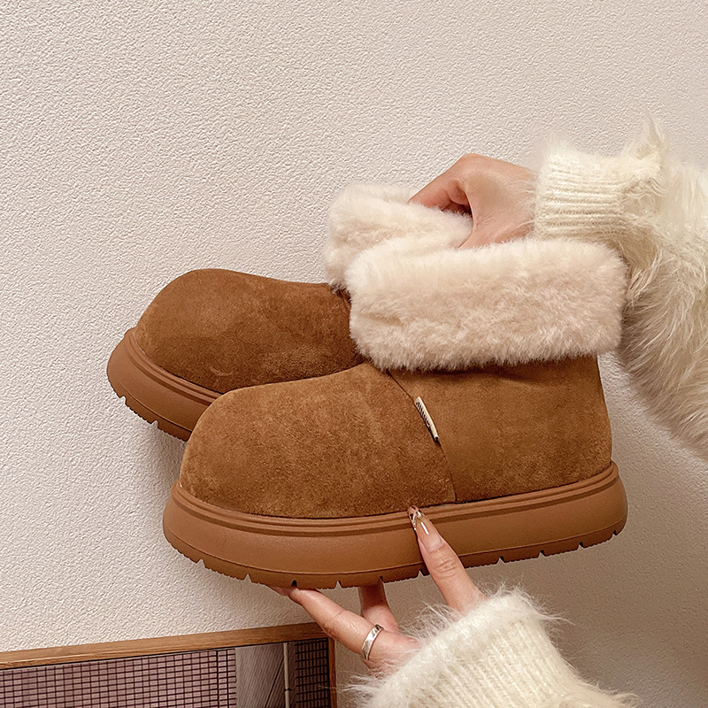 Cizme de zăpadă pentru femei, iarnă 2025 — căptușite cald, gambă scurtă, talpă groasă, suprafață din piele sintetică, vârf rotund