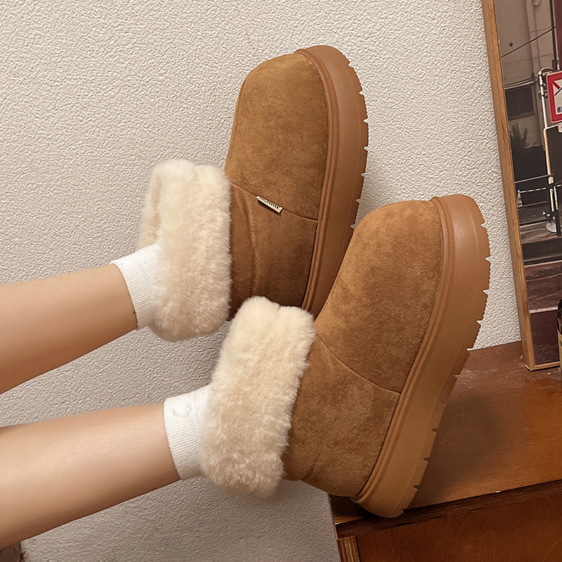 Cizme de zăpadă pentru femei, iarnă 2025 — căptușite cald, gambă scurtă, talpă groasă, suprafață din piele sintetică, vârf rotund