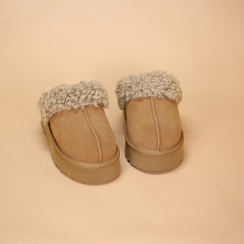 Papuci de iarnă pentru femei, închise, din velur de vită, exterior și căptușeală, toc gros 6-8 cm, vârf rotund