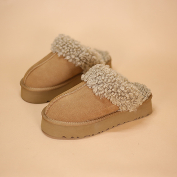 Papuci de iarnă pentru femei, închise, din velur de vită, exterior și căptușeală, toc gros 6-8 cm, vârf rotund