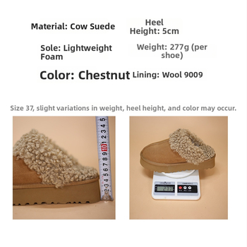 Papuci de iarnă pentru femei, închise, din velur de vită, exterior și căptușeală, toc gros 6-8 cm, vârf rotund