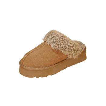 Papuci de iarnă pentru femei, închise, din velur de vită, exterior și căptușeală, toc gros 6-8 cm, vârf rotund