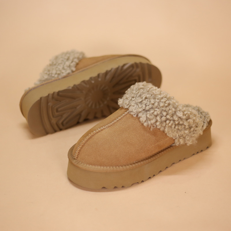 Papuci de iarnă pentru femei, închise, din velur de vită, exterior și căptușeală, toc gros 6-8 cm, vârf rotund